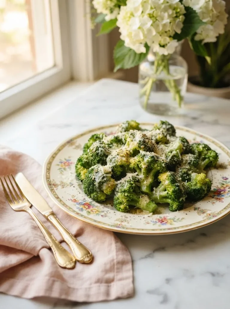 Texas roadhouse broccoli recipe with bright green florets tossed in garlic butter and parmesan on a floral plate
