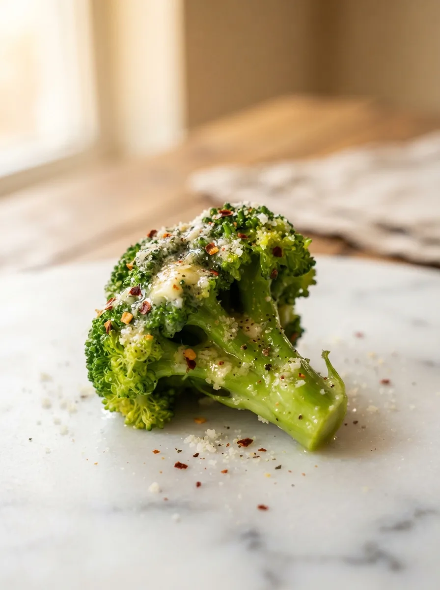 Close-up of crisp-tender broccoli floret coated in garlic butter with melted parmesan and red pepper flakes