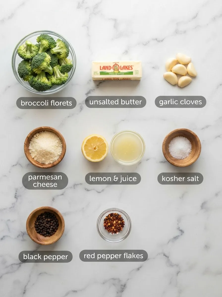 Ingredients for texas roadhouse broccoli recipe including broccoli florets, butter, garlic, parmesan, and lemon
