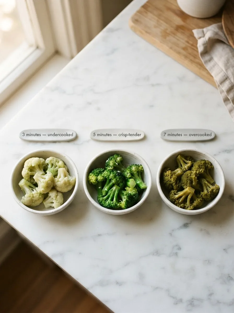 Broccoli texture comparison showing undercooked, crisp-tender, and overcooked results side by side