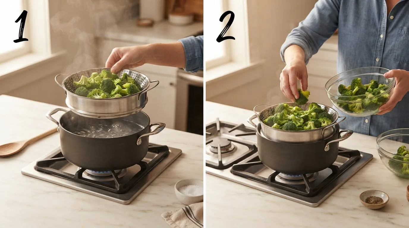 Fitting a steamer basket over a pot of simmering water for broccoli / Adding fresh broccoli florets into a steamer basket