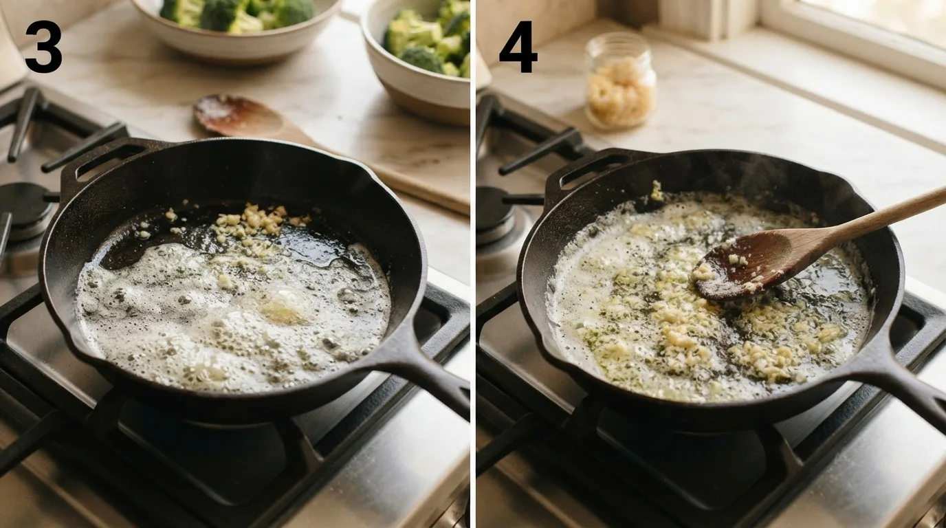 Butter melting and foaming in a skillet for garlic butter sauce / Stirring minced garlic into melted butter