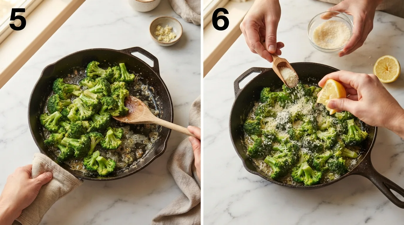 Tossing steamed broccoli into garlic butter in a skillet / Sprinkling parmesan and lemon juice over finished broccoli