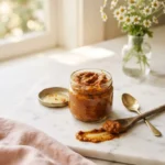Rust-orange homemade tikka paste in a glass jar with a wooden spoon on white marble