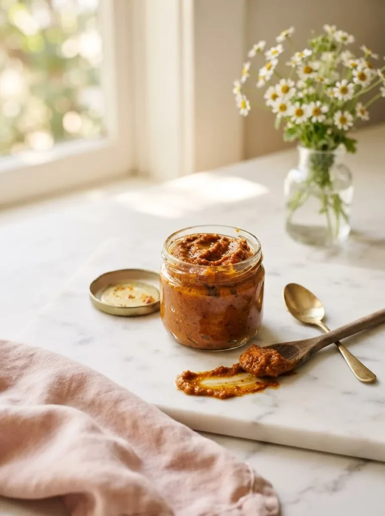 Rust-orange homemade tikka paste in a glass jar with a wooden spoon on white marble