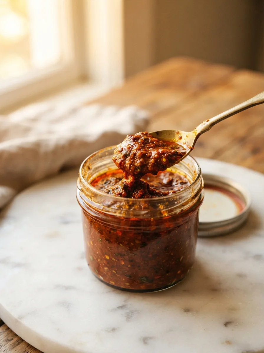 Spoon lifting glossy rust-red tikka paste showing visible ground spice flecks