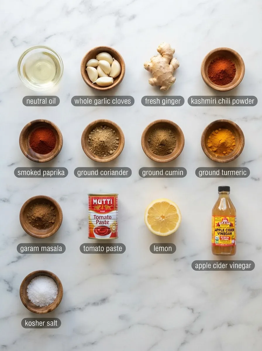 Tikka paste ingredients in wood and glass bowls on white marble, overhead flat lay