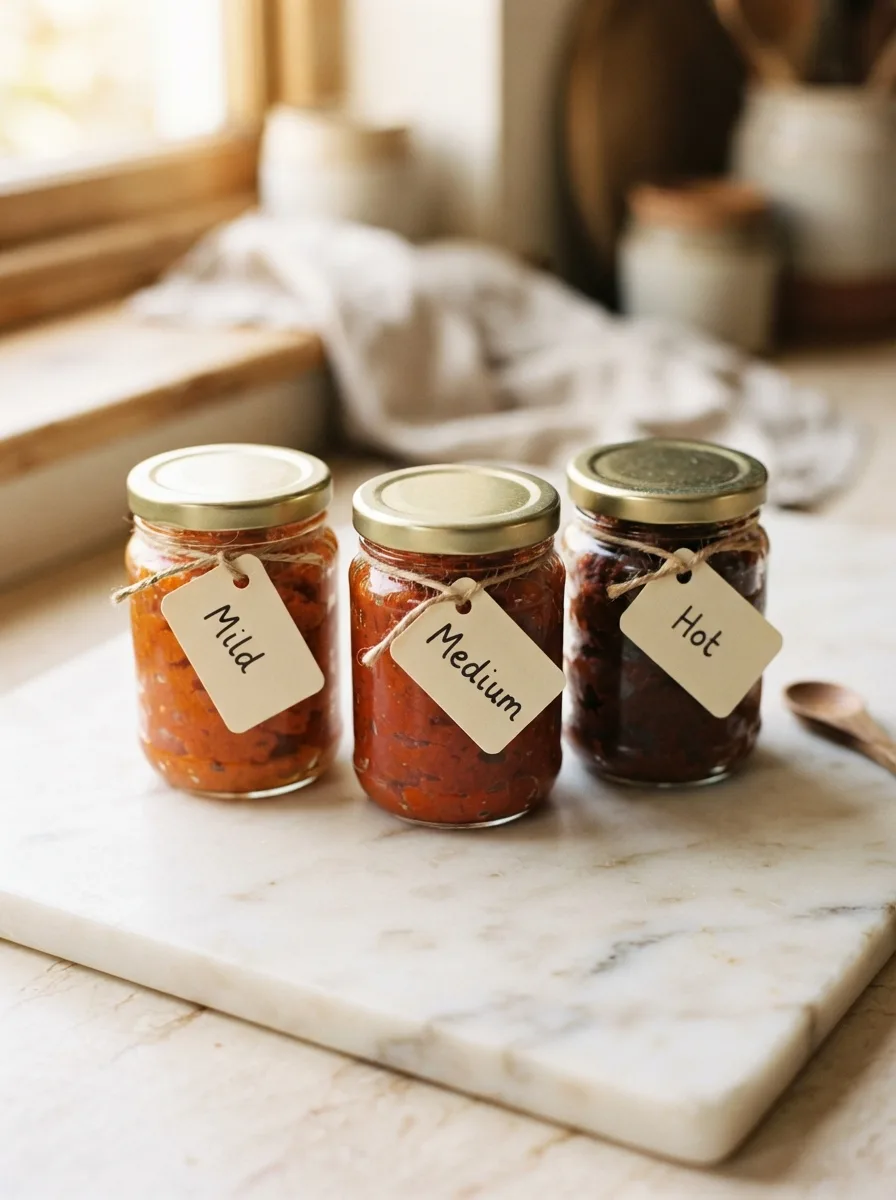 Three jars of tikka paste labeled mild, medium, and hot showing color differences