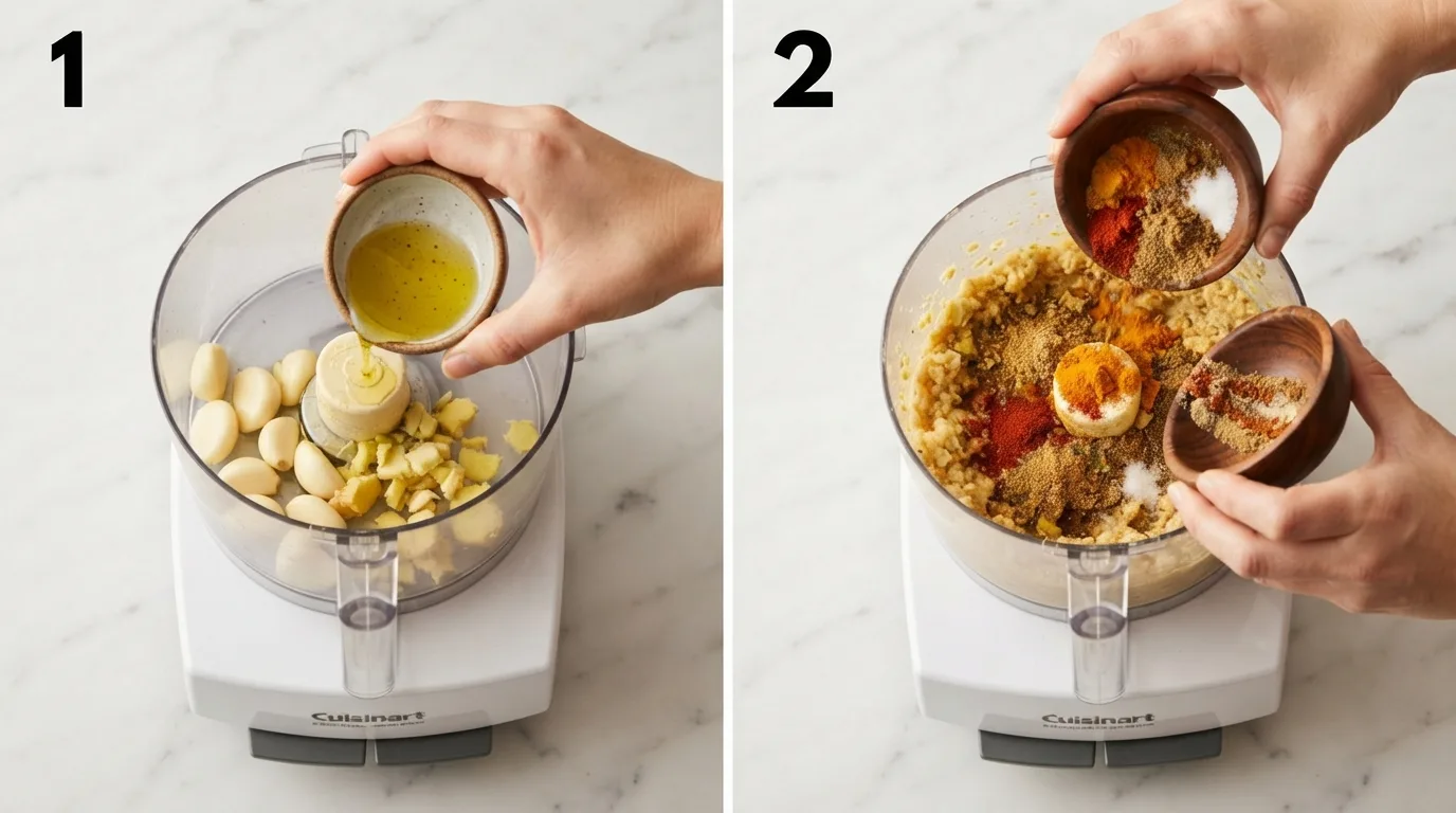 Garlic, ginger, and oil added to a food processor bowl for tikka paste / Ground spices poured over blended garlic-ginger paste in food processor