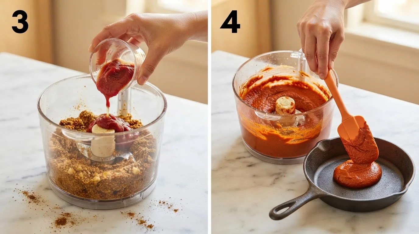 Tomato paste and lemon juice poured into spiced garlic paste in food processor / Smooth tikka paste scraped from processor into a skillet with a spatula