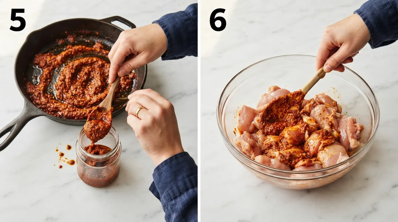 Cooked tikka paste spooned from skillet into a small glass storage jar / Tikka paste smeared onto raw chicken pieces in a glass bowl for marinating