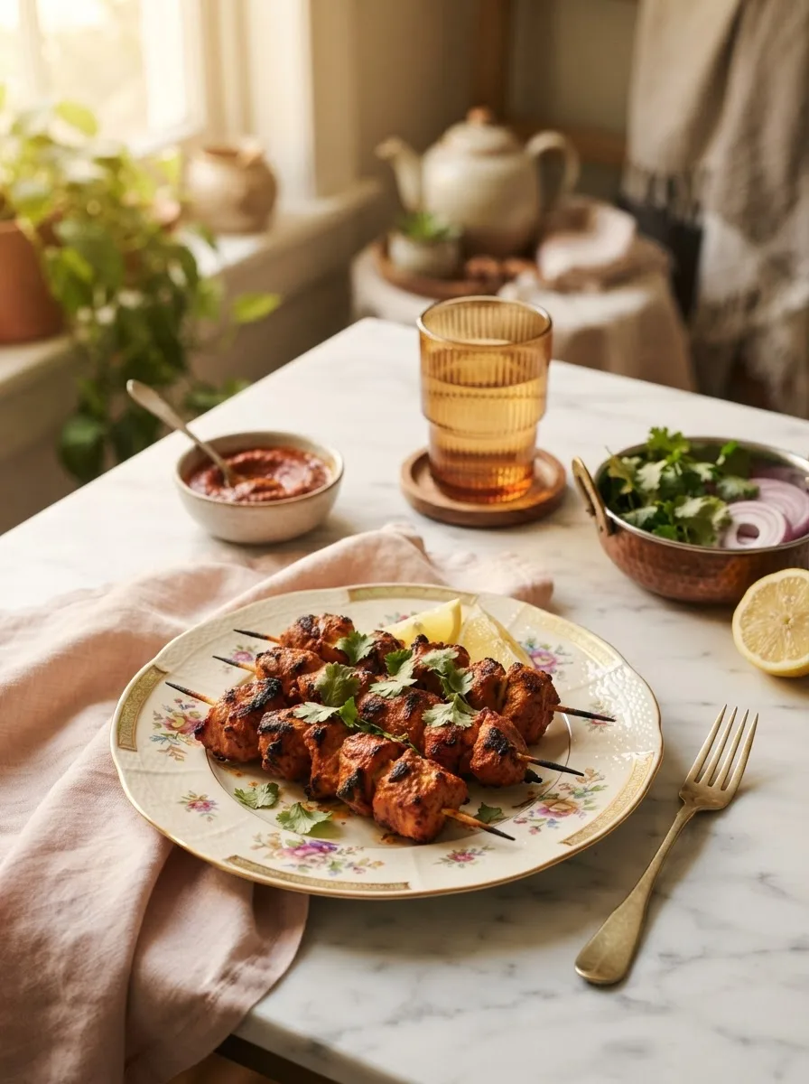 Grilled chicken tikka skewers brushed with tikka paste on a floral plate
