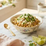 Golden charred tropical smoothie jalapeño corn topped with cotija cheese and cilantro in a floral bowl
