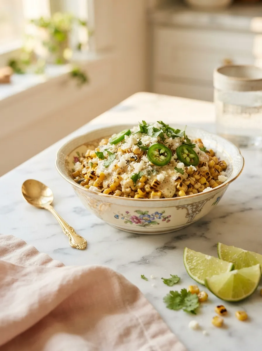 Golden charred tropical smoothie jalapeño corn topped with cotija cheese and cilantro in a floral bowl