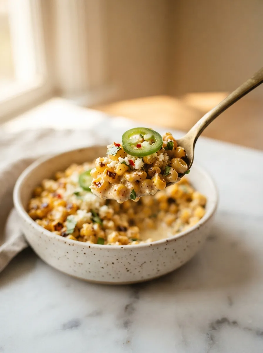 Close-up spoonful of creamy jalapeño corn showing blistered kernels and cotija cheese