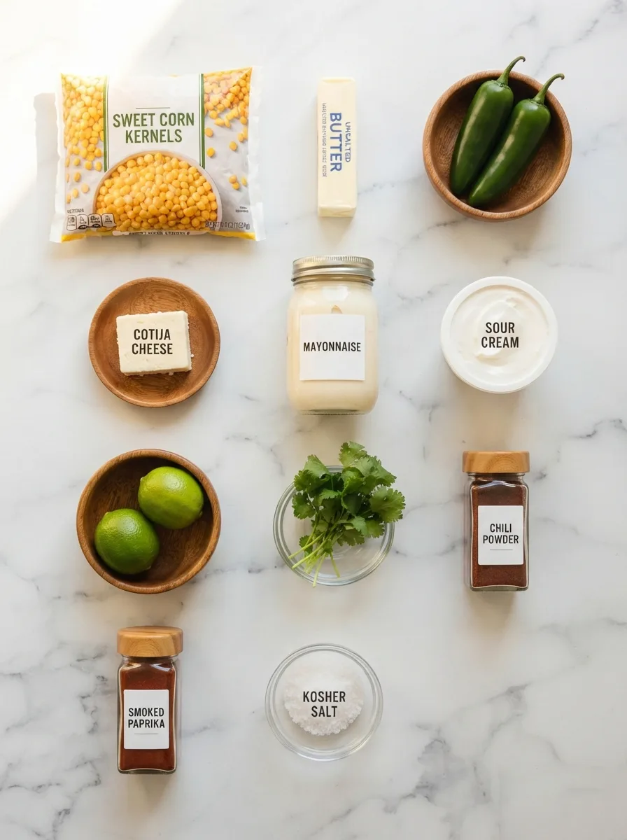 Overhead flat lay of ingredients for tropical smoothie jalapeño corn including corn, jalapeño, and cotija