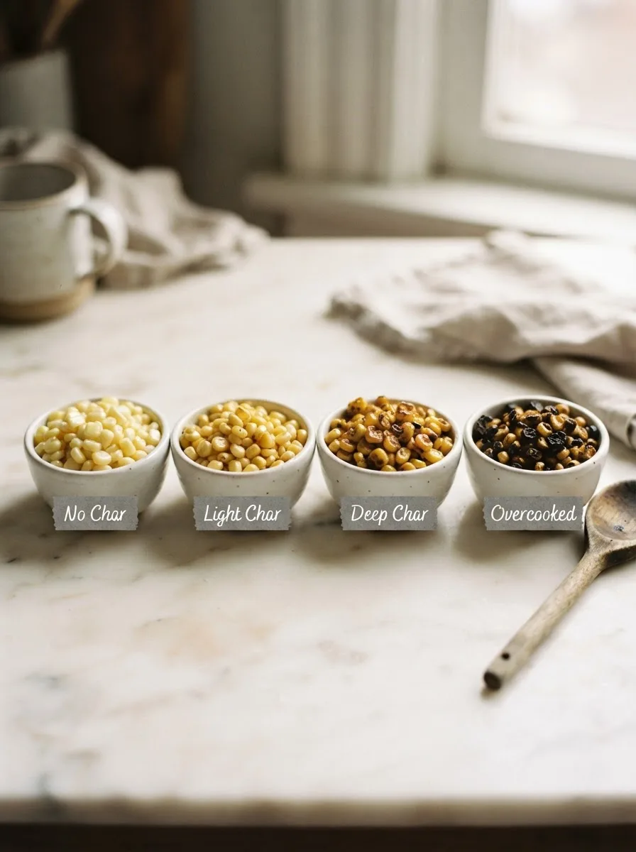 Four bowls comparing corn char levels from no char to overcooked