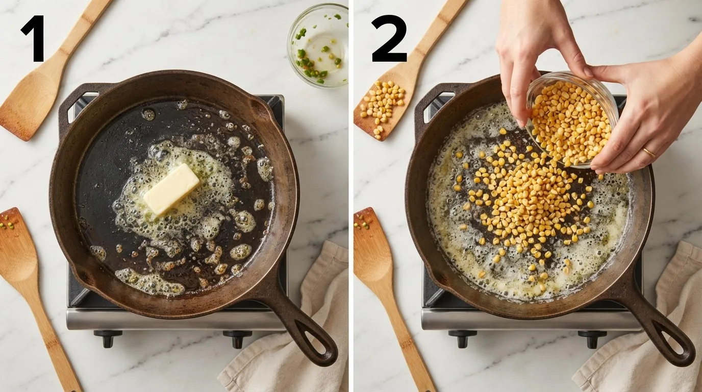 Butter melting and bubbling in a cast iron skillet / Dried corn kernels being poured into a hot skillet