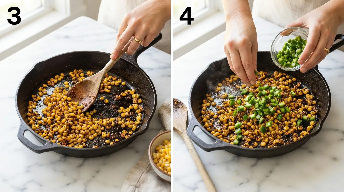 Stirring charred corn kernels and scraping browned bits from the skillet / Adding diced fresh jalapeño to charred corn in a skillet