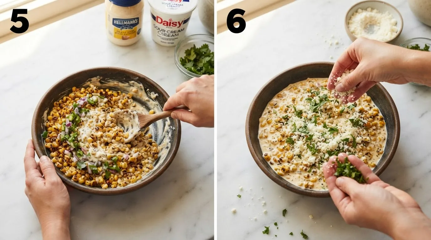 Stirring mayonnaise and sour cream into charred corn off the heat / Sprinkling cotija cheese and cilantro over creamy jalapeño corn