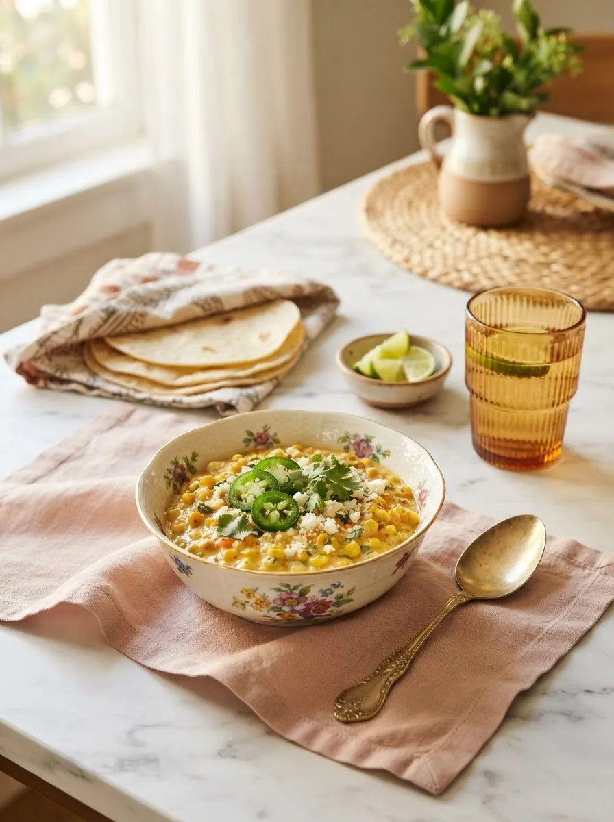 Tropical smoothie jalapeño corn served on a table with tortillas and lime wedges