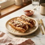 Varsity chili recipe piled onto two hot dogs with mustard and onion on a white platter