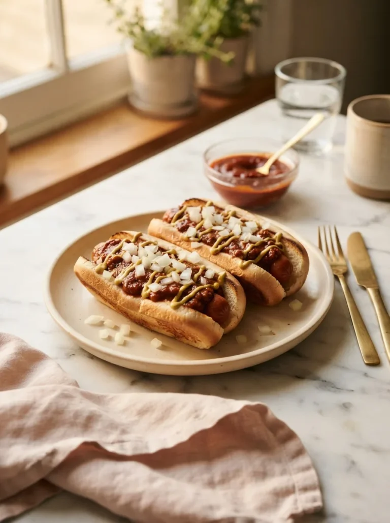 Varsity chili recipe piled onto two hot dogs with mustard and onion on a white platter