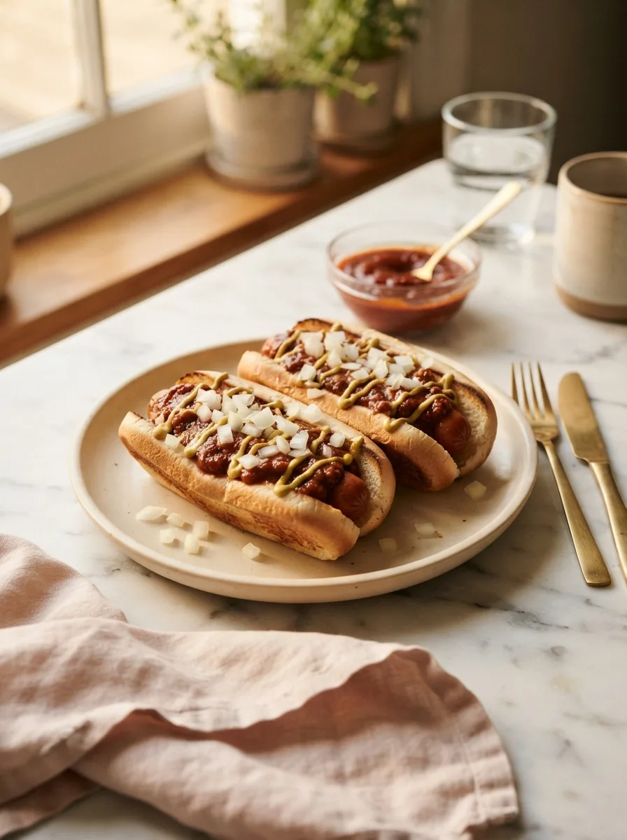 Varsity chili recipe piled onto two hot dogs with mustard and onion on a white platter