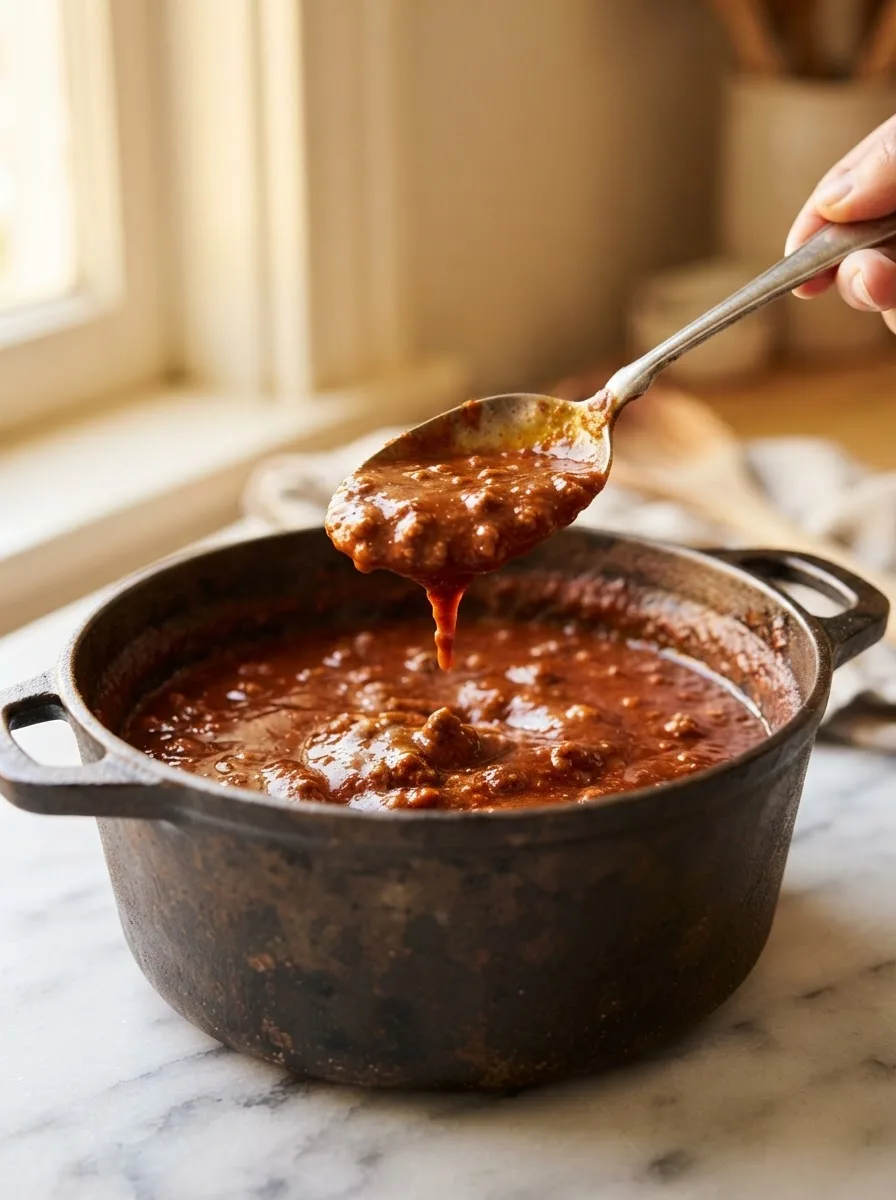 Spoon lifting glossy, fine-textured chili to show the smooth, no-chunks consistency