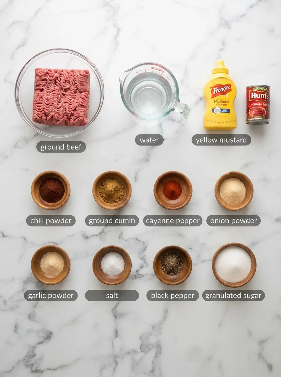 Ingredients for varsity chili recipe measured in bowls: ground beef, mustard, chili powder, cumin