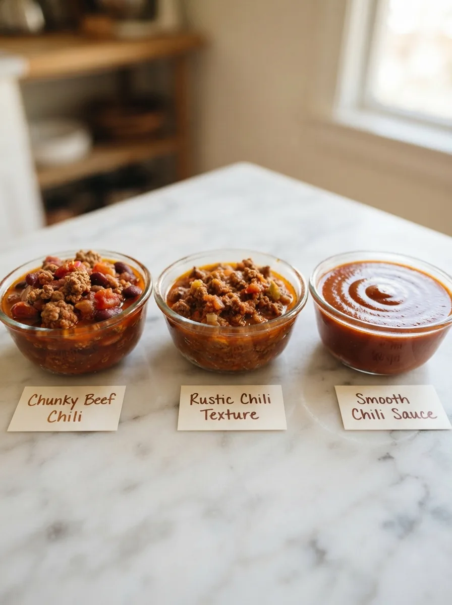 Side-by-side texture comparison of chunky, rustic, and finely mashed chili