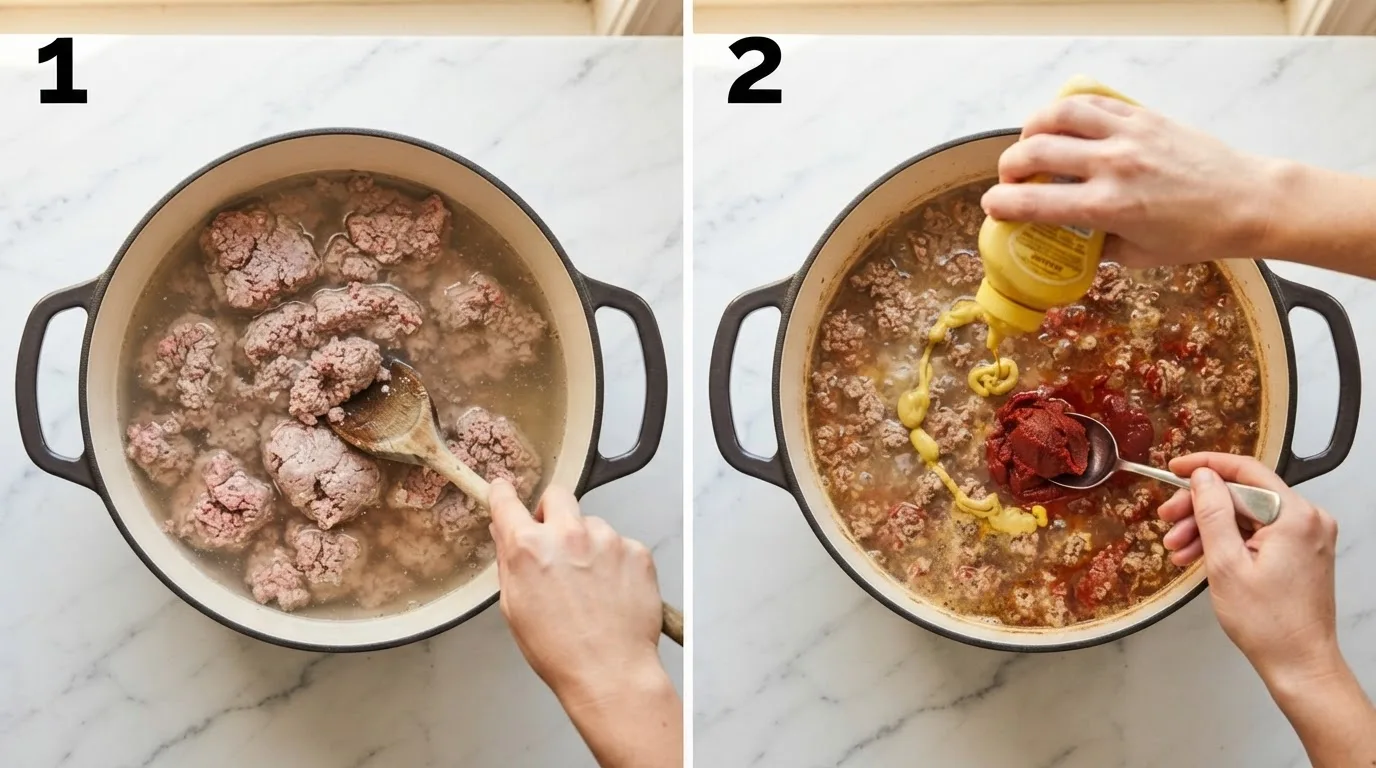 Ground beef and water simmering together in a pot before browning / Squeezing mustard and tomato paste into the simmering chili meat