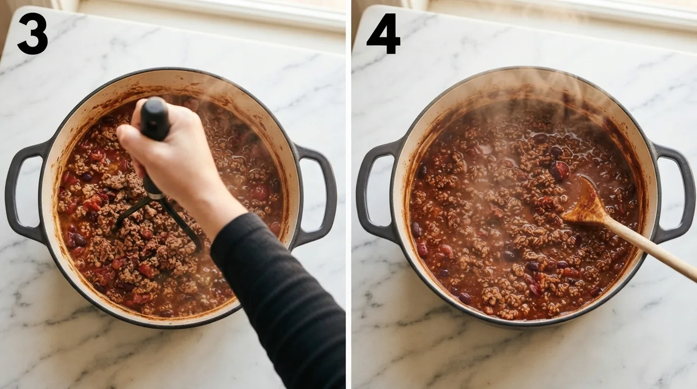 Mashing the chili with a potato masher to remove meat chunks / Chili simmering uncovered as it reduces and darkens in color