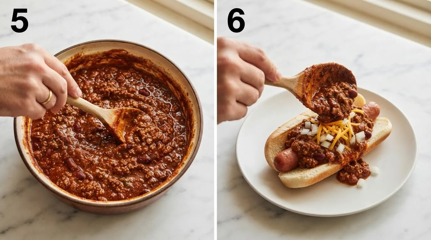 Dragging a spoon through thickened chili to check the doneness trail / Finished chili being spooned generously over a hot dog in a bun