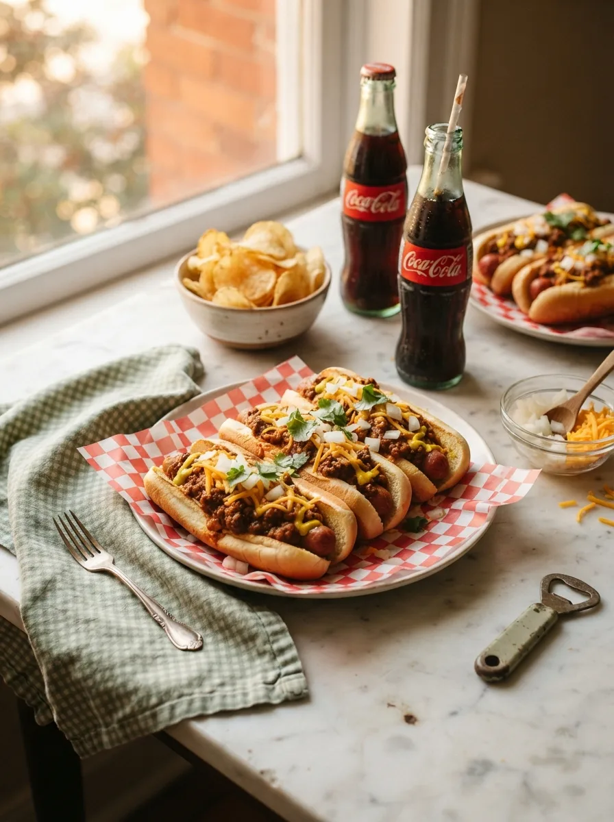Chili dogs served on a game-day snack table with chips and cold drinks
