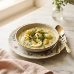 Bowl of creamy vomacka soup recipe with hard-boiled eggs, potatoes, and fresh dill