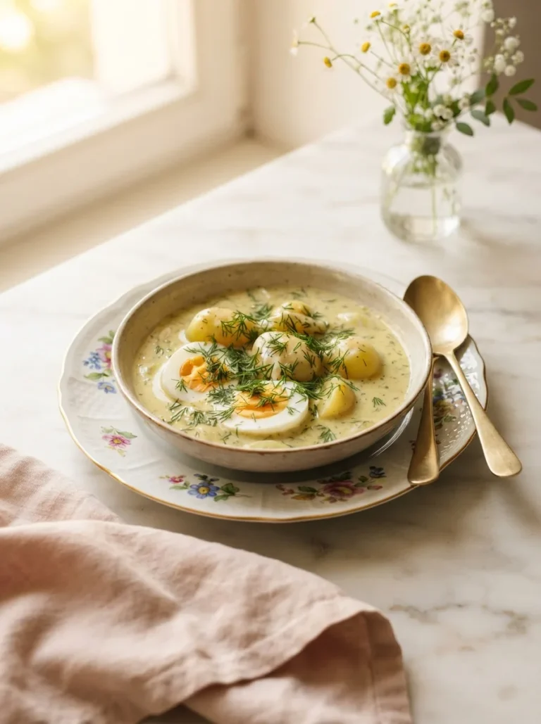 Bowl of creamy vomacka soup recipe with hard-boiled eggs, potatoes, and fresh dill