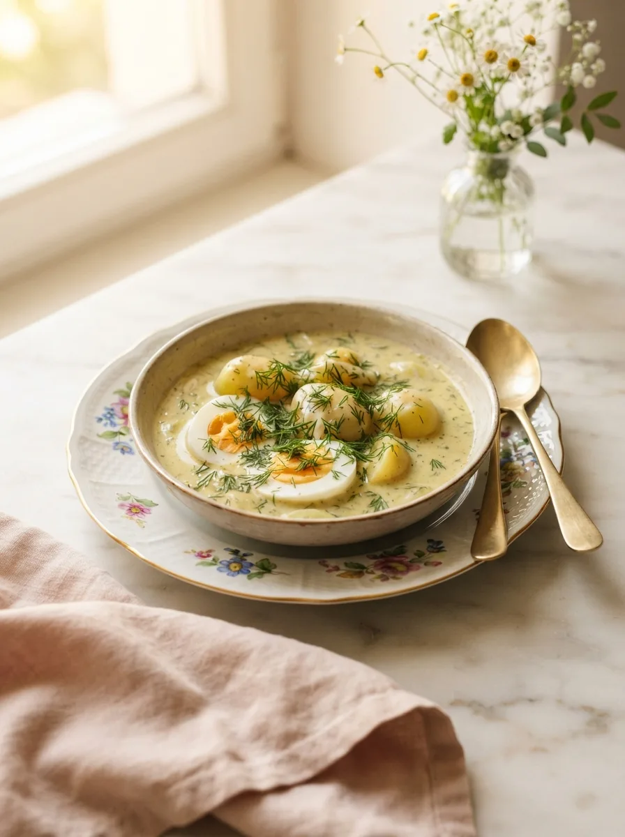 Bowl of creamy vomacka soup recipe with hard-boiled eggs, potatoes, and fresh dill