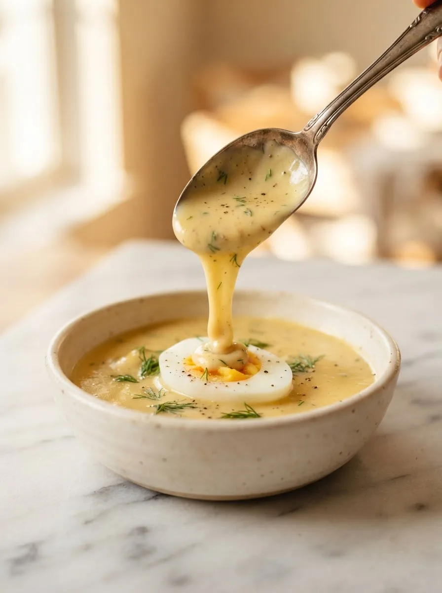 Spoon lifting silky vomacka dill sauce over a halved hard-boiled egg