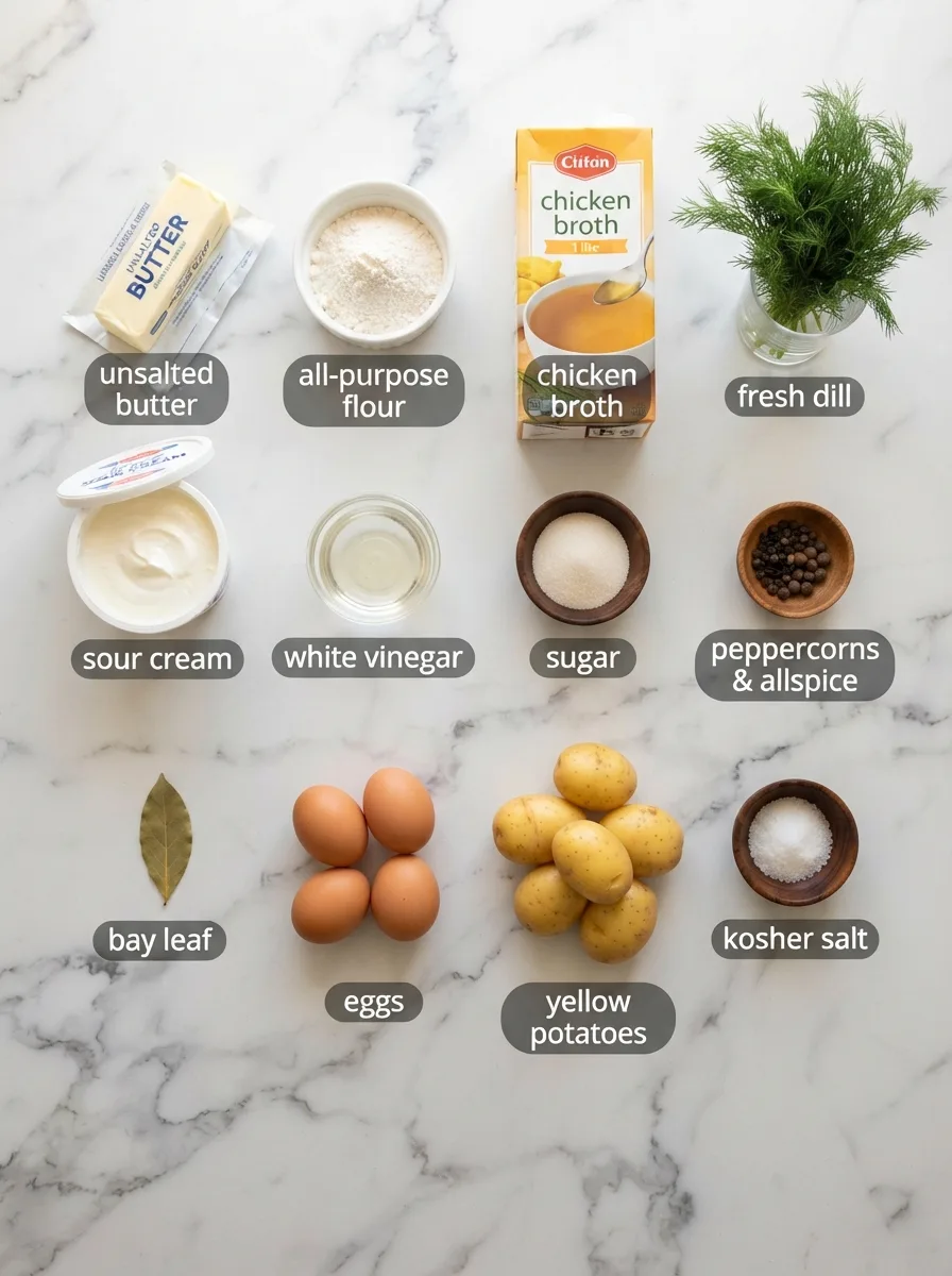 Ingredients for vomacka soup recipe measured on a marble counter with fresh dill