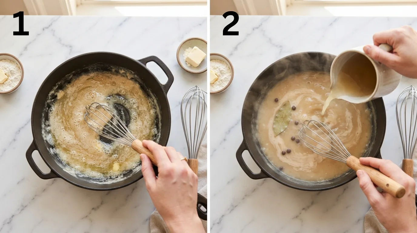 Whisking butter and flour together to build a roux for vomacka soup / Whisking chicken broth into roux with bay leaf and allspice berries