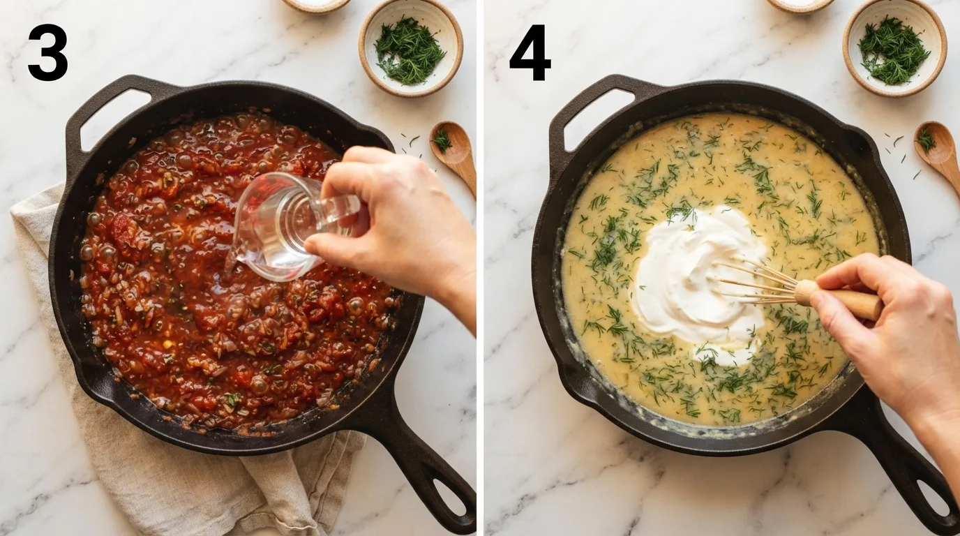 Pouring vinegar into simmering vomacka sauce base / Whisking sour cream and fresh dill into vomacka sauce