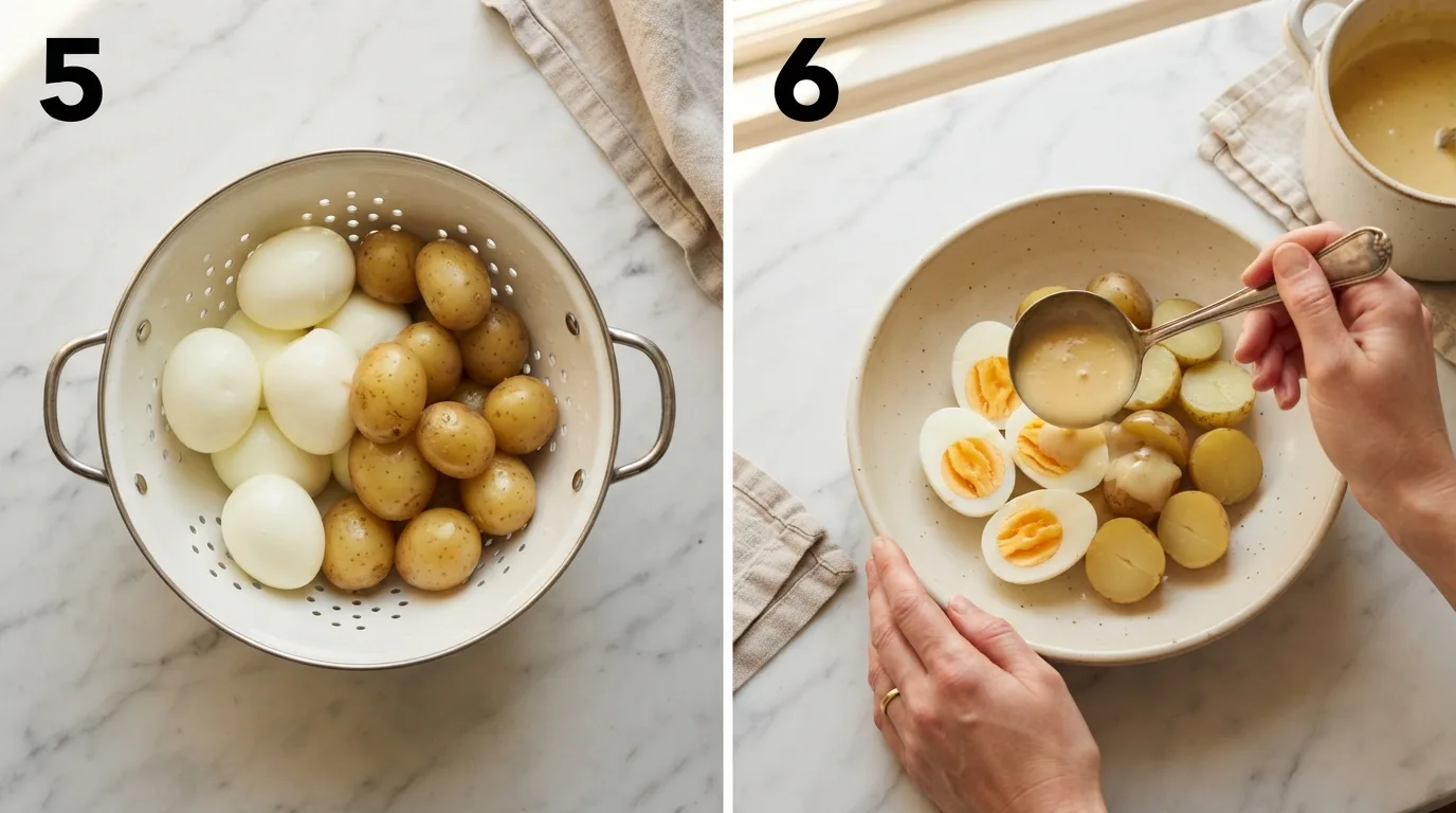 Peeled hard-boiled eggs and boiled potatoes draining in a colander / Ladling vomacka sauce over eggs and potatoes in a serving bowl