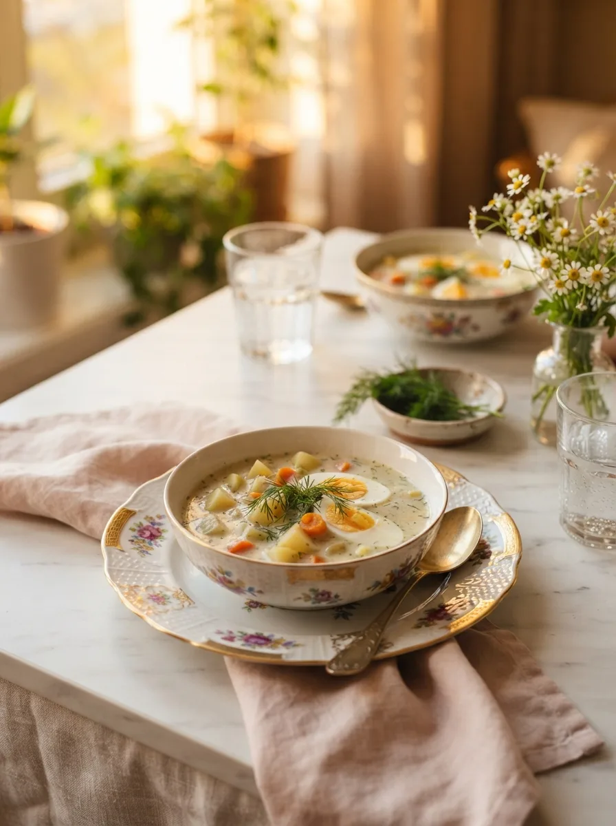 Table scene with vomacka soup, boiled potatoes, and fresh dill sprigs