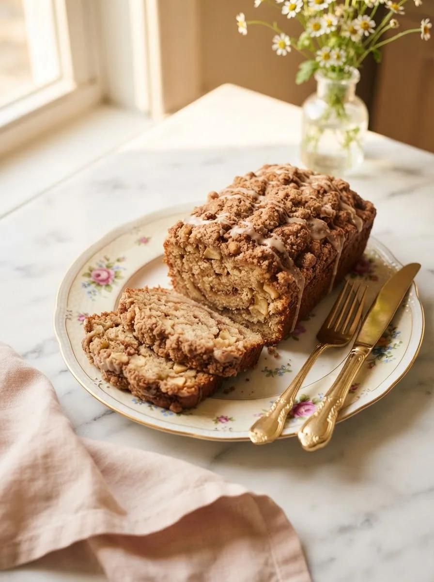 Warm cinnamon sugar apple loaf sliced open showing swirled cinnamon center and diced apples
