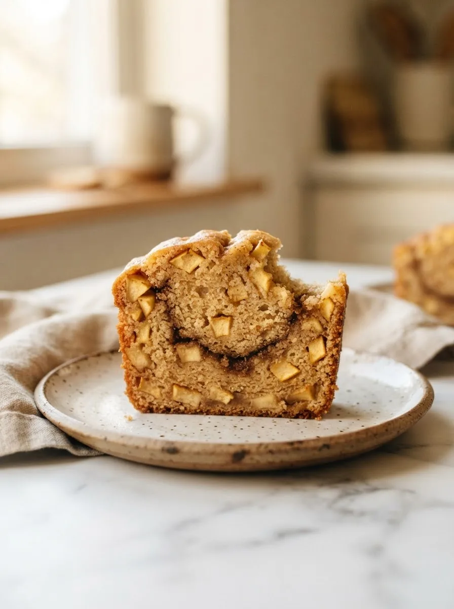 Cross-section of soft apple loaf slice showing cinnamon sugar swirl and tender crumb