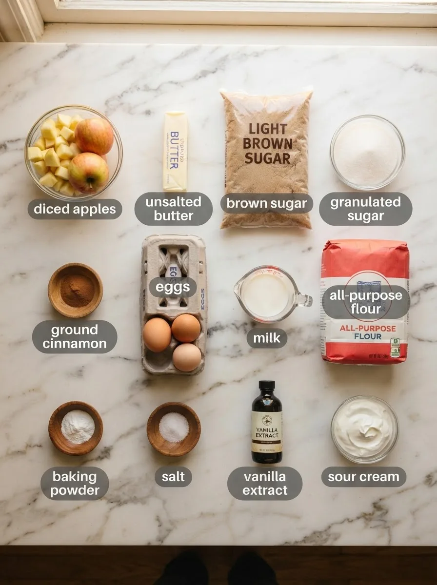 Ingredients for cinnamon sugar apple loaf including apples, cinnamon, butter, and flour on marble