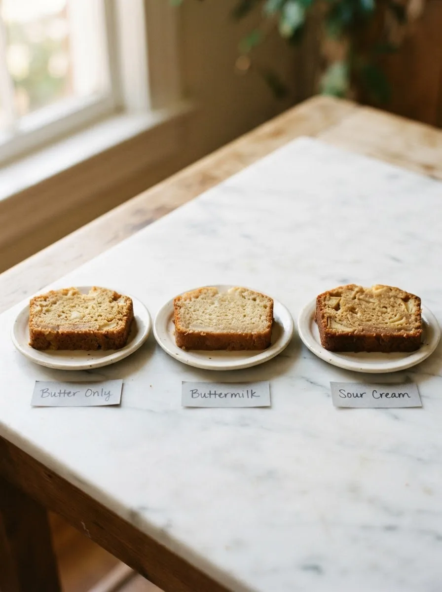 Side-by-side comparison of apple loaf texture made with butter, buttermilk, and sour cream