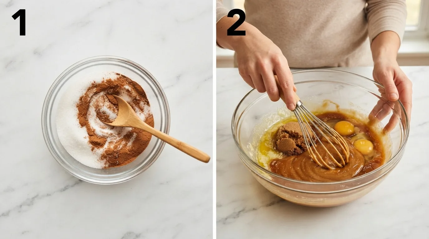 Stirring cinnamon and sugar together in a small glass bowl for the swirl layer / Whisking melted butter, brown sugar, and eggs until glossy in a glass bowl