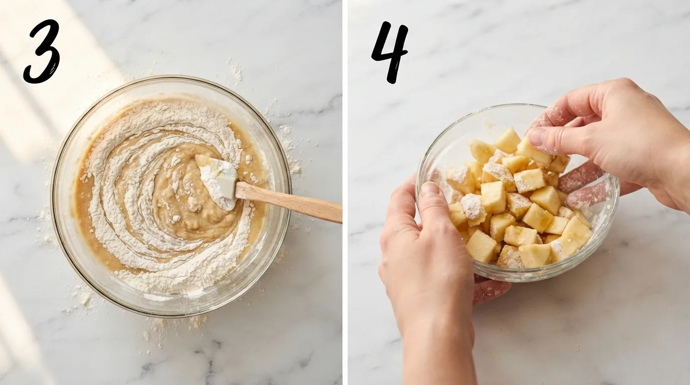Folding dry ingredients into wet batter with a rubber spatula / Tossing diced apples in flour before folding into apple loaf batter